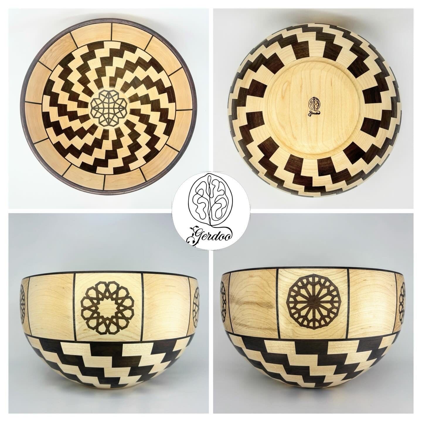 Wooden bowl with geometric patterns on a white background, featuring the brand 'Gerdoo'.