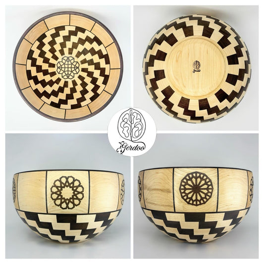 Wooden bowl with geometric patterns on a white background, featuring the brand 'Gerdoo'.